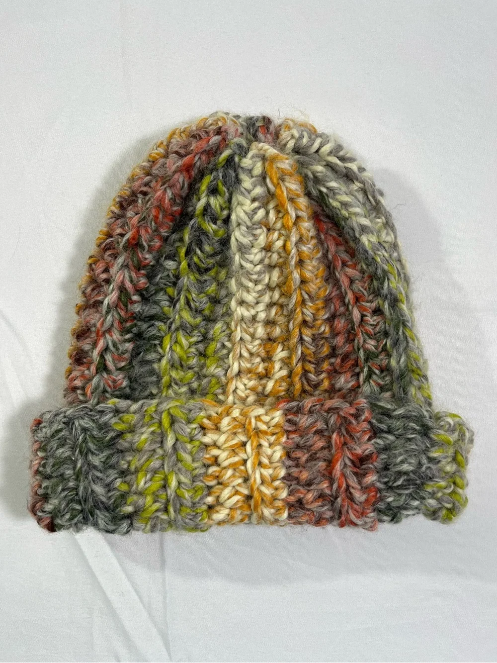 Chunky Multicolor Hand Knit Beanie - Olive, Brown Cream, Rust, Gray - Soft Wool
